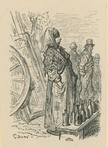 Een vrouw die glazen flessen verkoopt door Gustave Dore